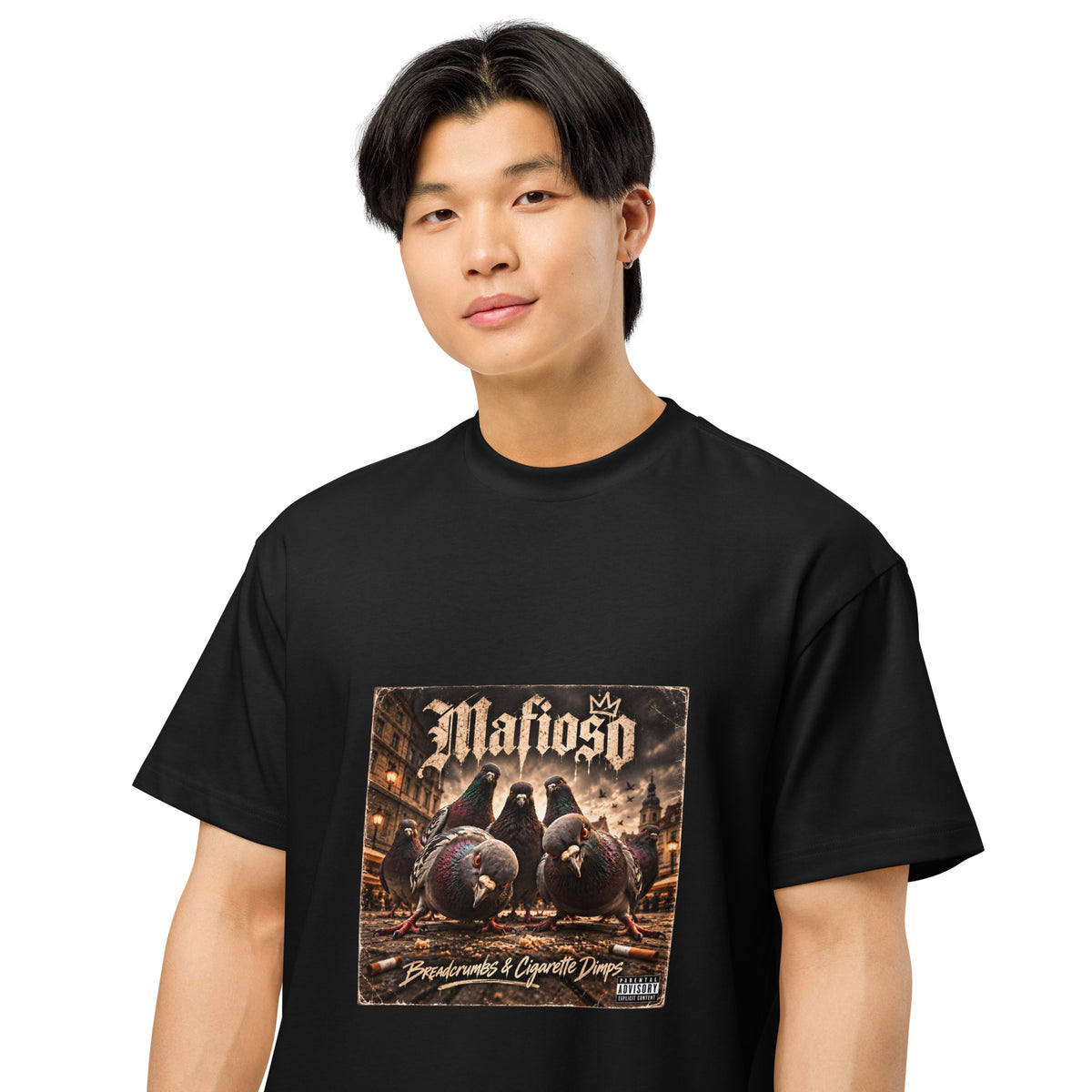 Pigeon Mafia men's box tee in black, front detail view