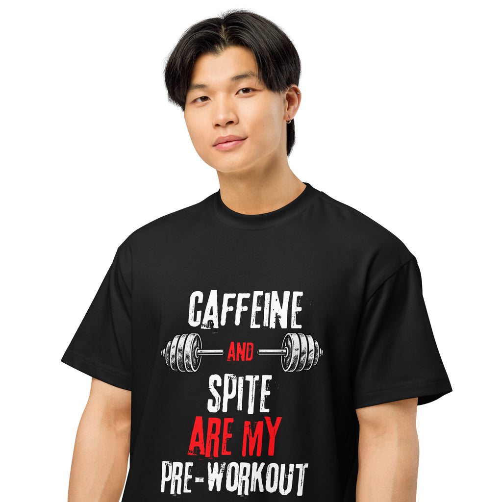 Black men’s box tee, alternate front view with Caffeine and Spite gym design | The Wandering Manc
