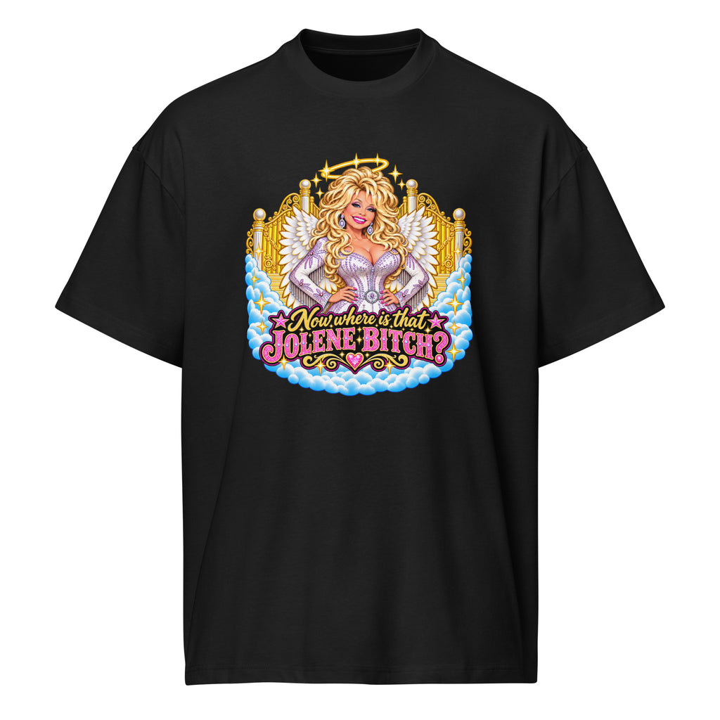 Oh Jolene Dolly men’s box tee in black front view
