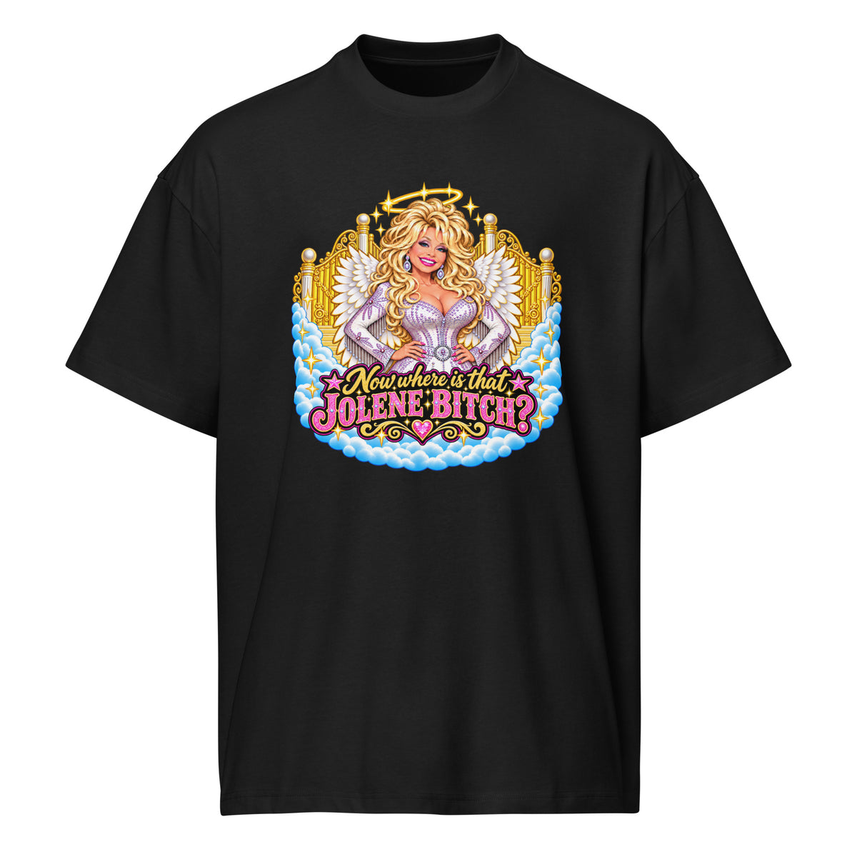 Oh Jolene Dolly men’s box tee in black front view