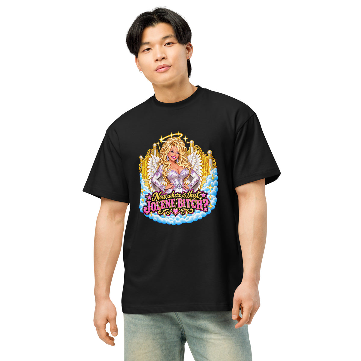 Oh Jolene Dolly men’s box tee in black alternate front view