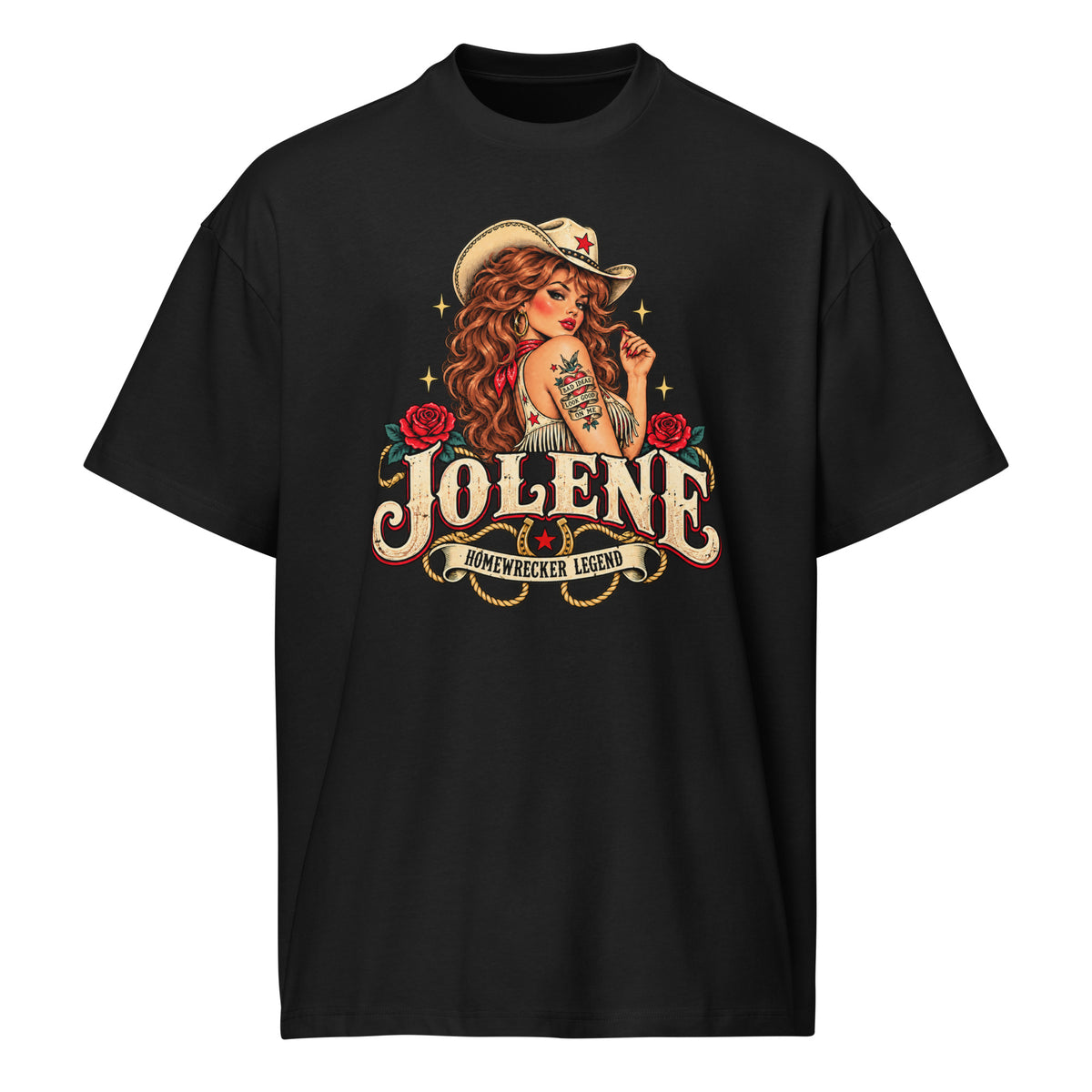 Jolene Homewrecker Legend men's box tee in black front view