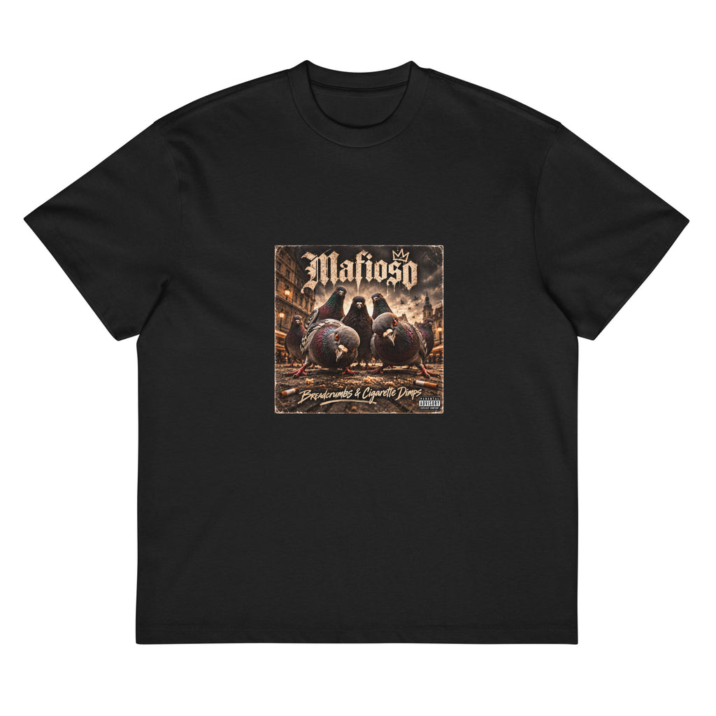 Pigeon Mafia men's box tee in black, front view