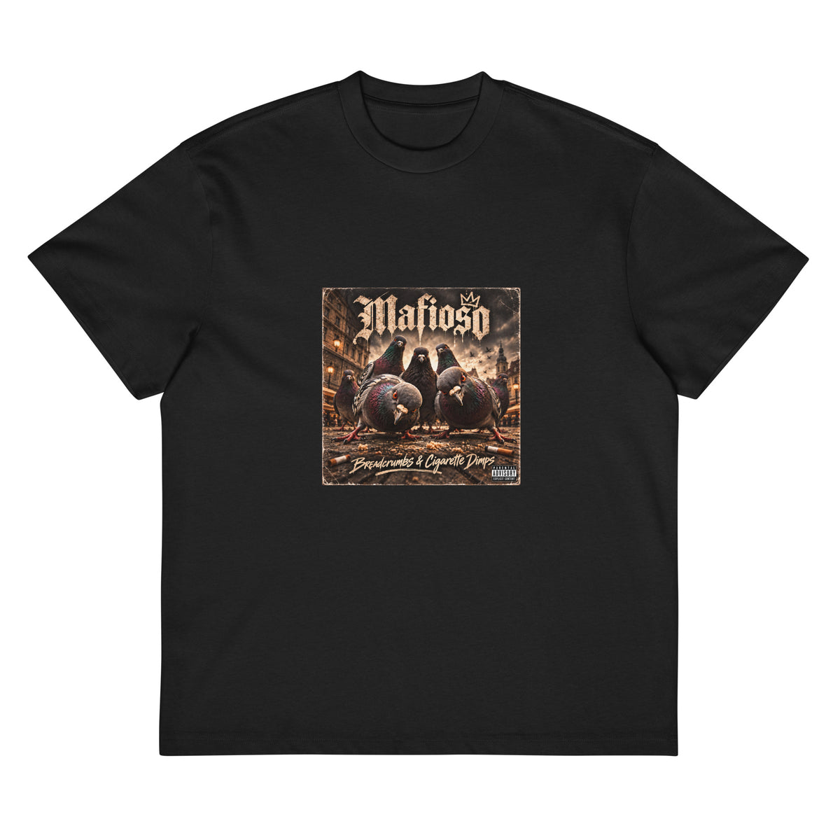 Pigeon Mafia men's box tee in black, front view