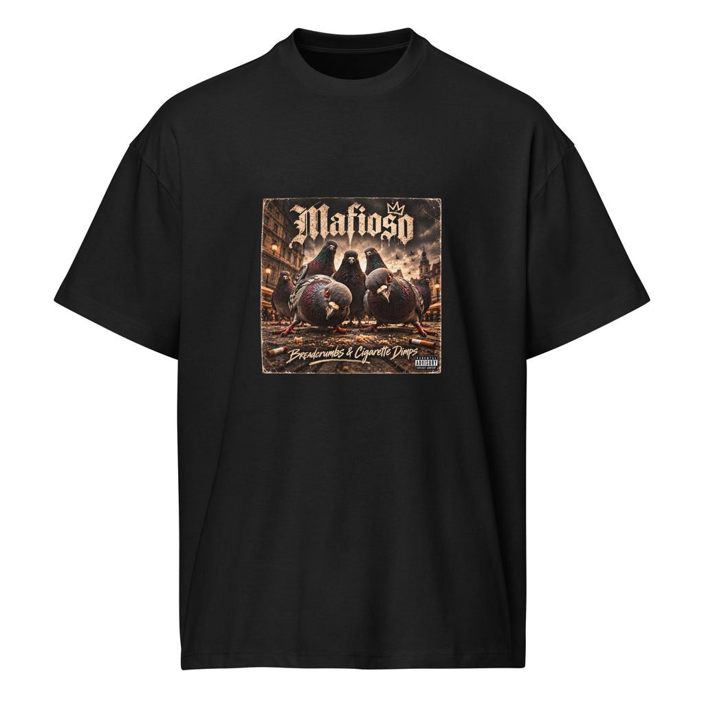 Pigeon Mafia men's box tee in black, front view