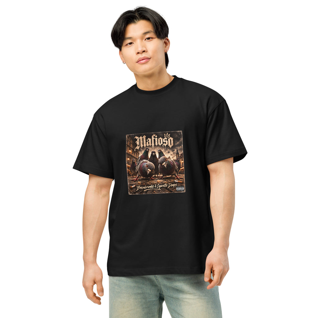 Pigeon Mafia men's box tee in black, front view
