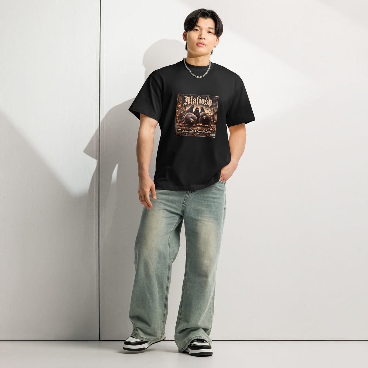 Pigeon Mafia men's box tee in black, front view