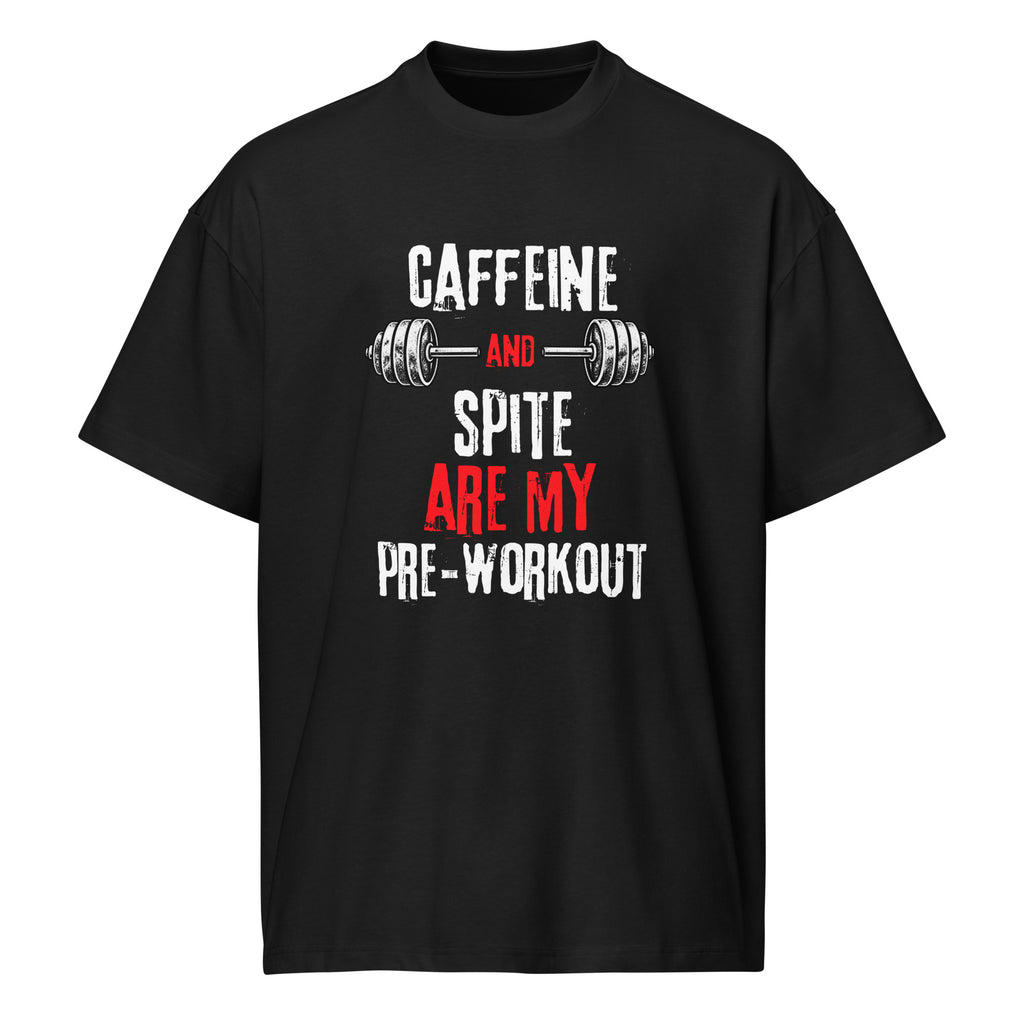 Black men’s box tee, front view with Caffeine and Spite gym design | The Wandering Manc