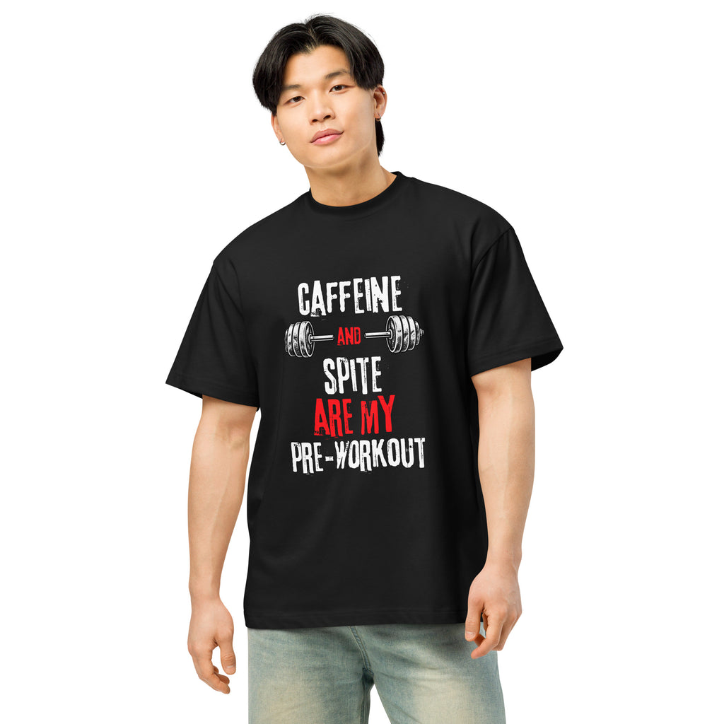 Black men’s box tee, front view with Caffeine and Spite gym design | The Wandering Manc