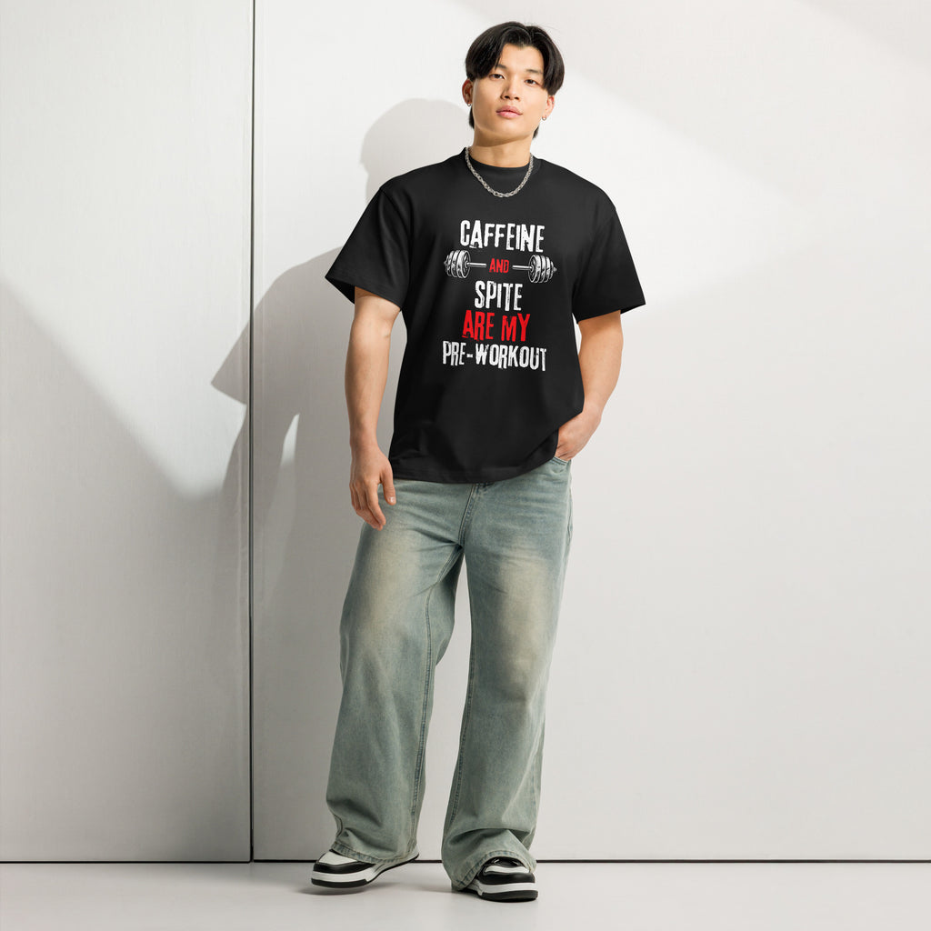 Black men’s box tee, front view with Caffeine and Spite gym design | The Wandering Manc