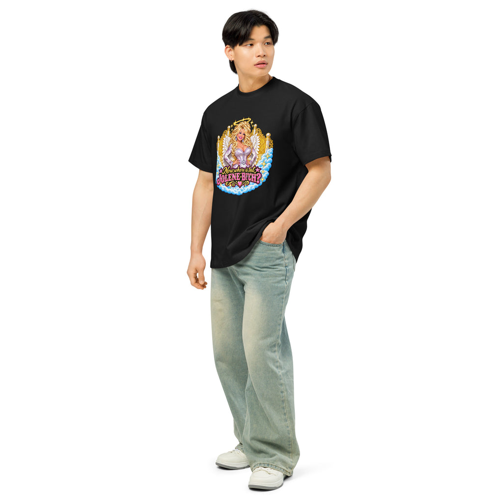Oh Jolene Dolly men’s box tee in black left front angle