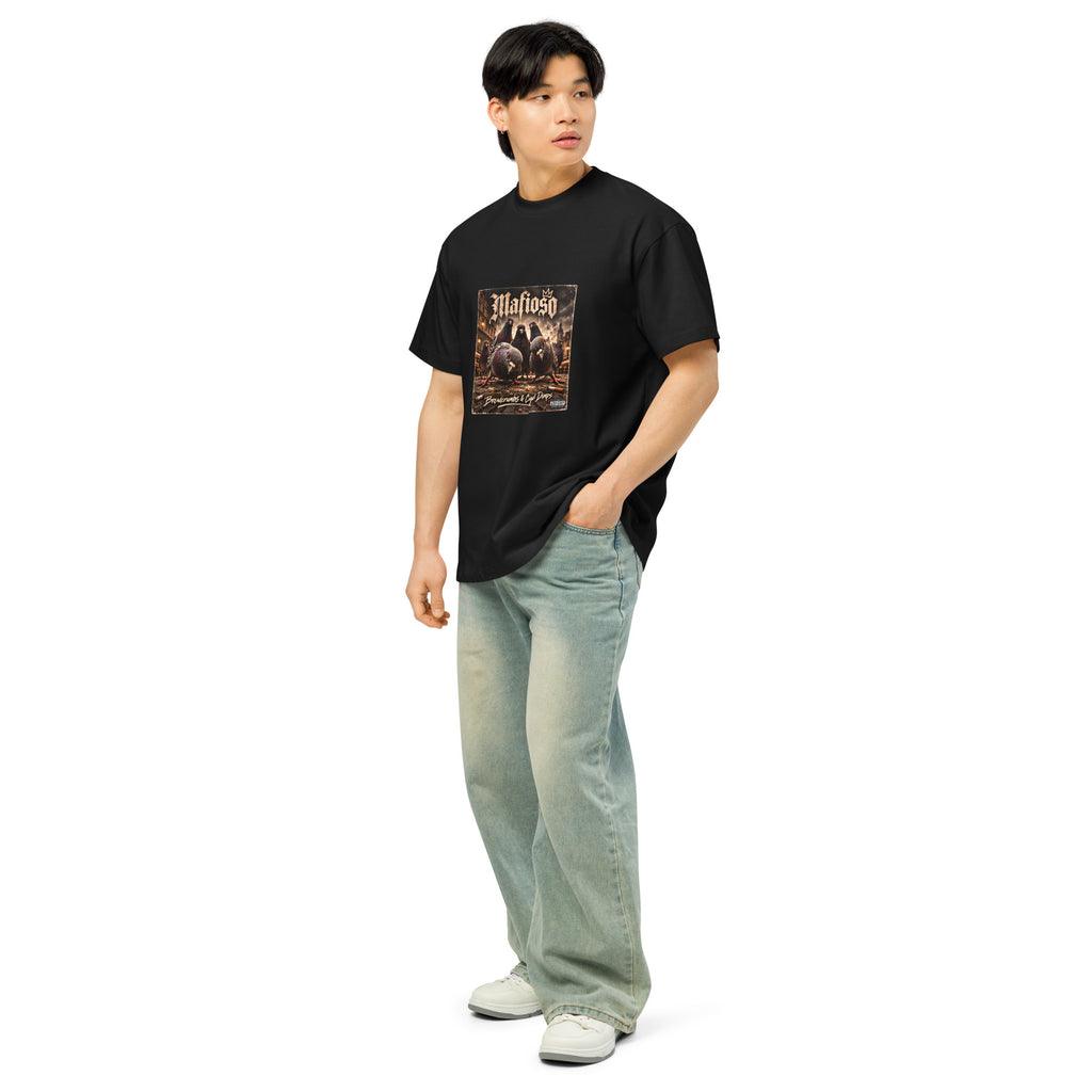 Pigeon Mafia men's box tee in black, left front view