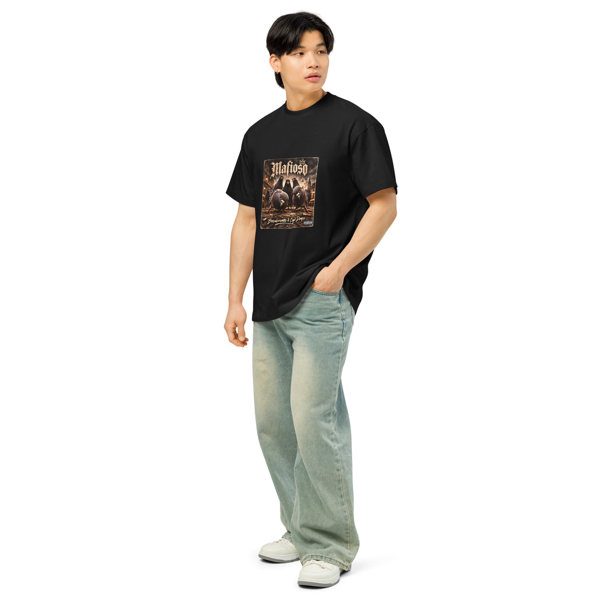 Pigeon Mafia men's box tee in black, left front view