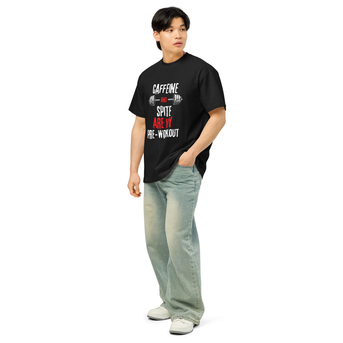 Black men’s box tee, left-front view with Caffeine and Spite gym design | The Wandering Manc