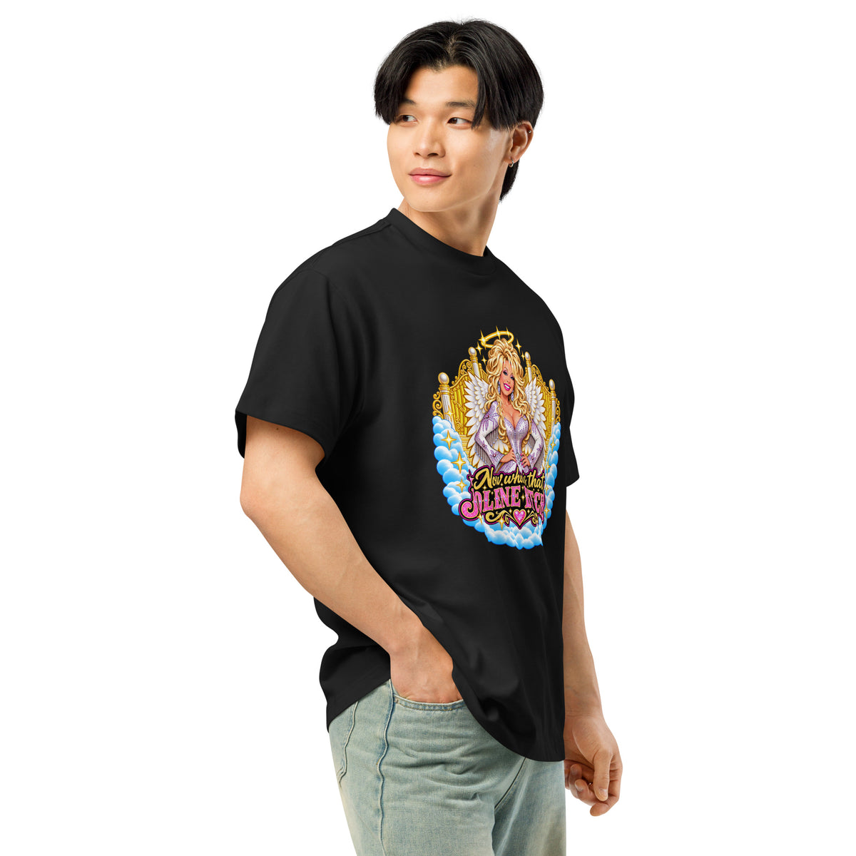 Oh Jolene Dolly men’s box tee in black right front angle