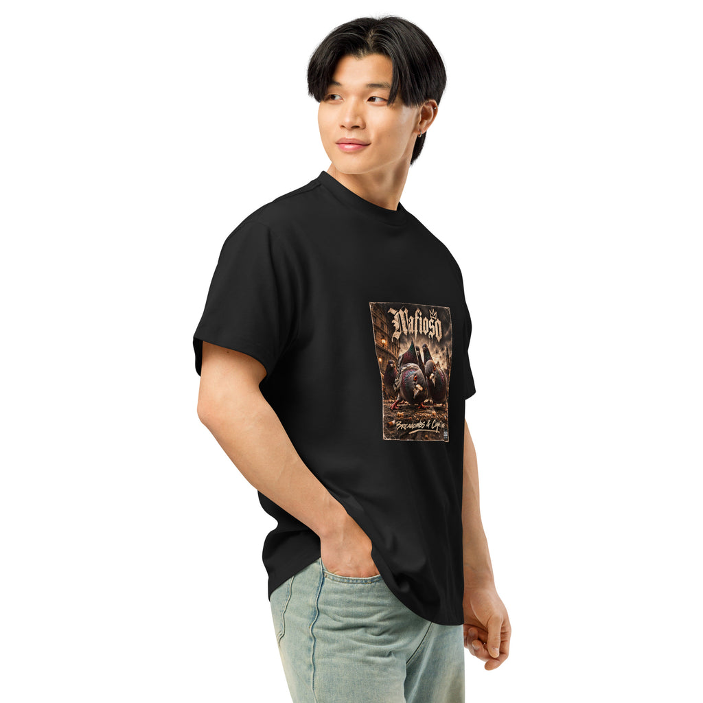 Pigeon Mafia men's box tee in black, right front view
