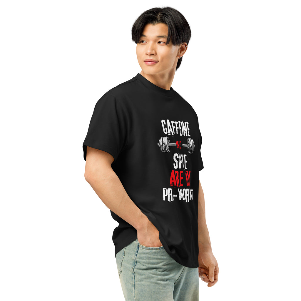 Black men’s box tee, right-front view with Caffeine and Spite gym design | The Wandering Manc