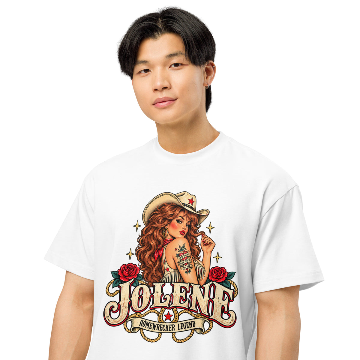 Jolene Homewrecker Legend men's box tee in white second front view