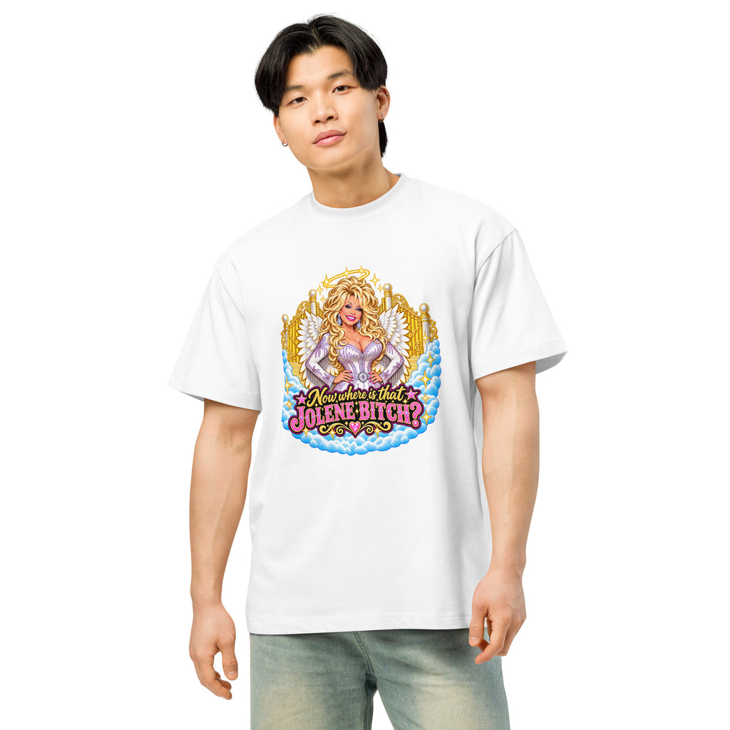 Oh Jolene Dolly men’s box tee in white alternate front view