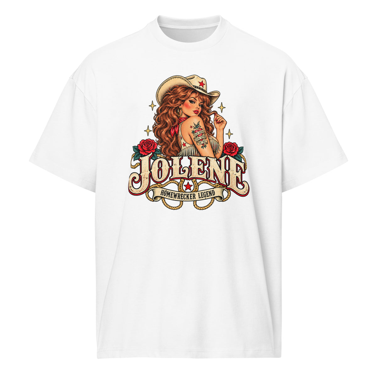 Jolene Homewrecker Legend men's box tee in white front view