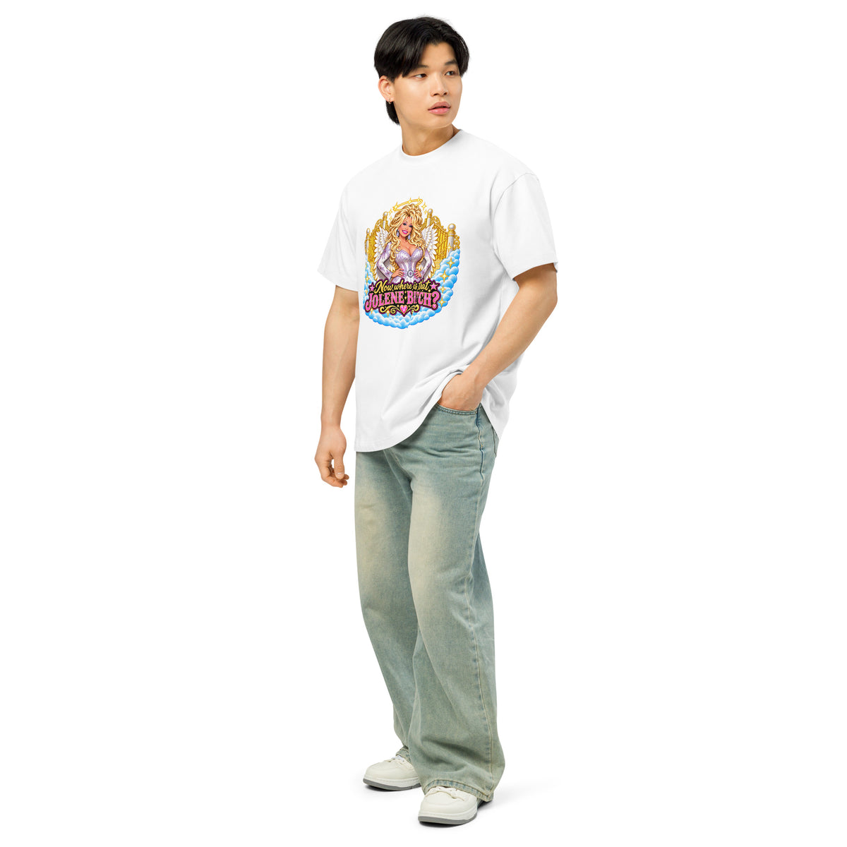 Oh Jolene Dolly men’s box tee in white left front angle