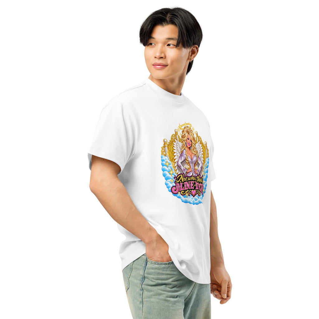 Oh Jolene Dolly men’s box tee in white right front angle