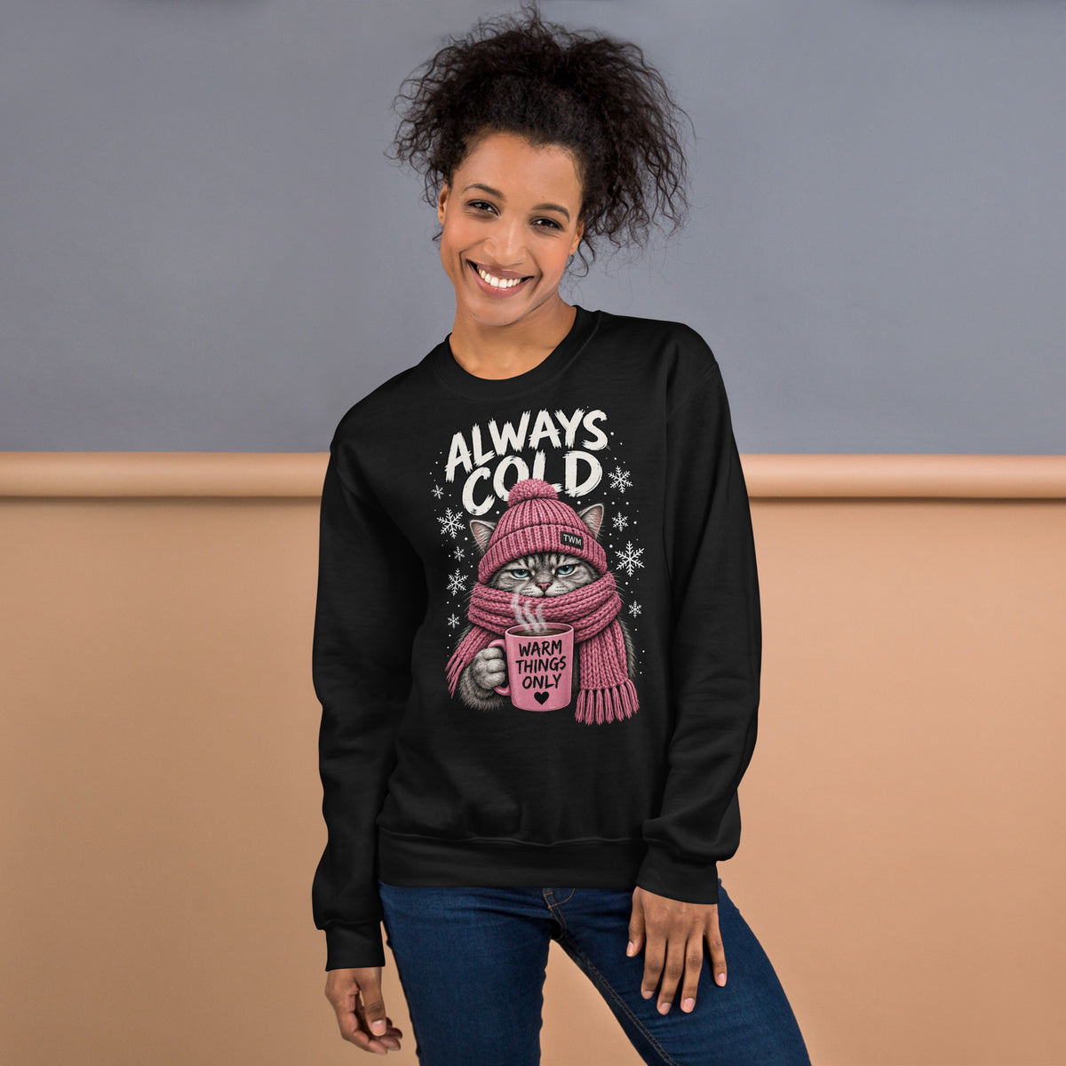 Always Cold cat sweatshirt in Black alternate front view