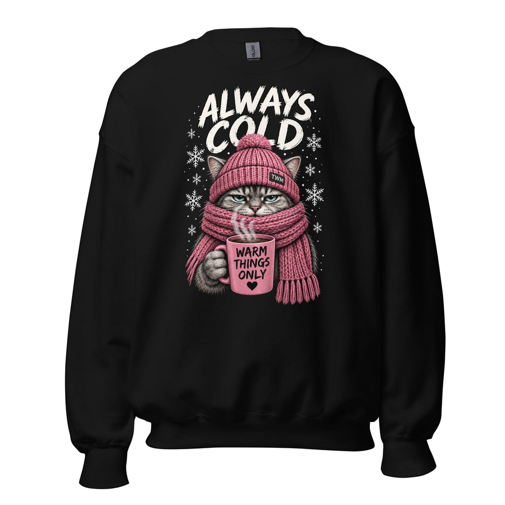 Always Cold cat crewneck sweatshirt in Black front view