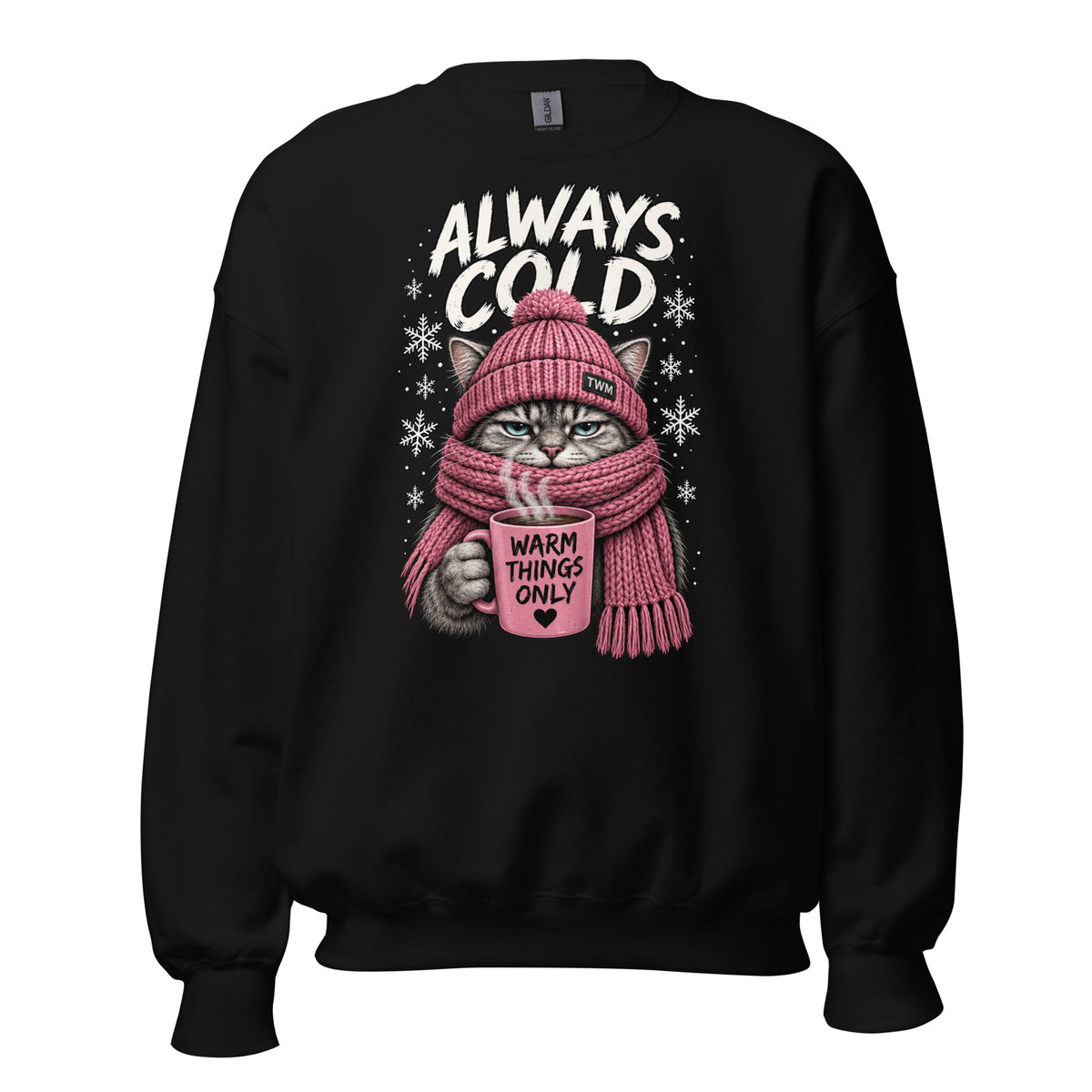 Always Cold cat crewneck sweatshirt in Black front view