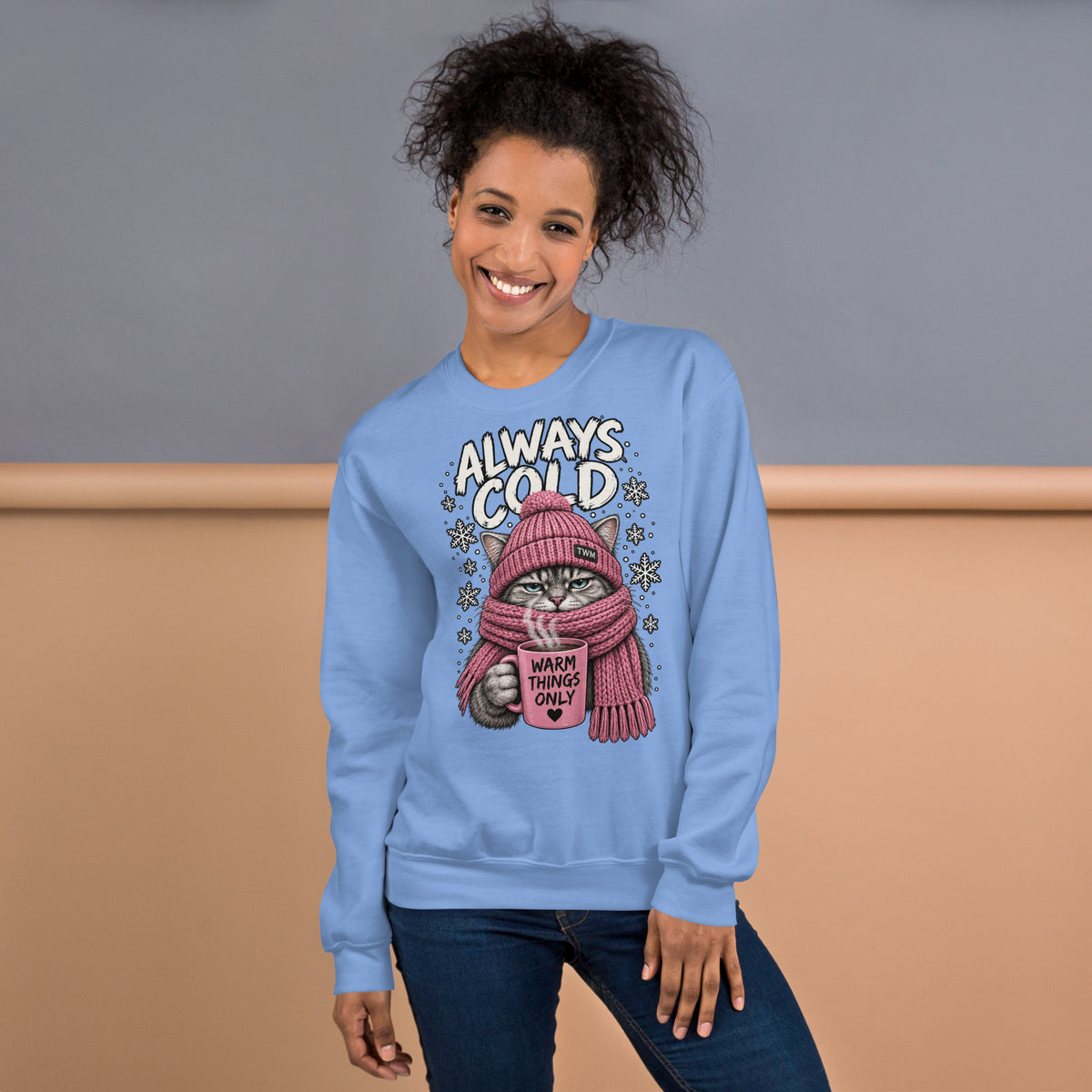 Always Cold cat sweatshirt in Carolina Blue alternate front view