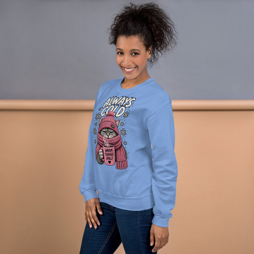 Always Cold cat sweatshirt in Carolina Blue left view