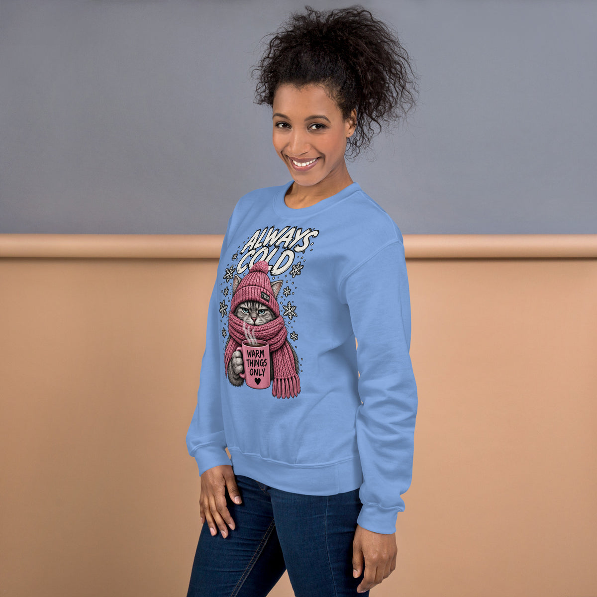 Always Cold cat sweatshirt in Carolina Blue left view