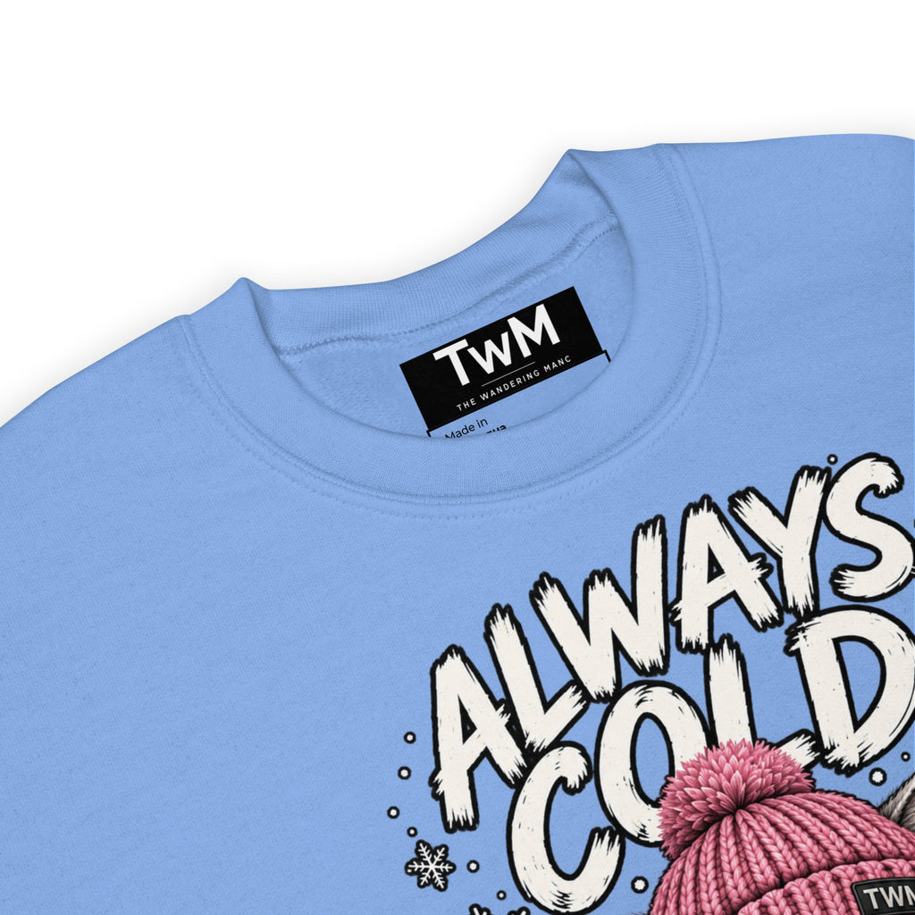 Always Cold cat sweatshirt in Carolina Blue product detail view