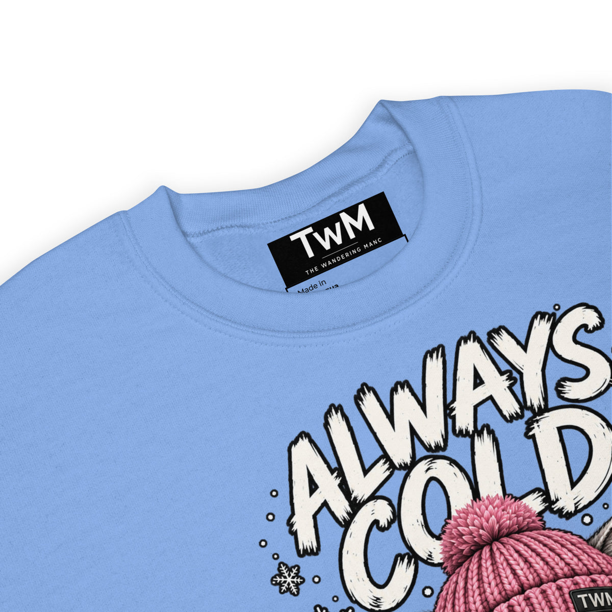 Always Cold cat sweatshirt in Carolina Blue product detail view