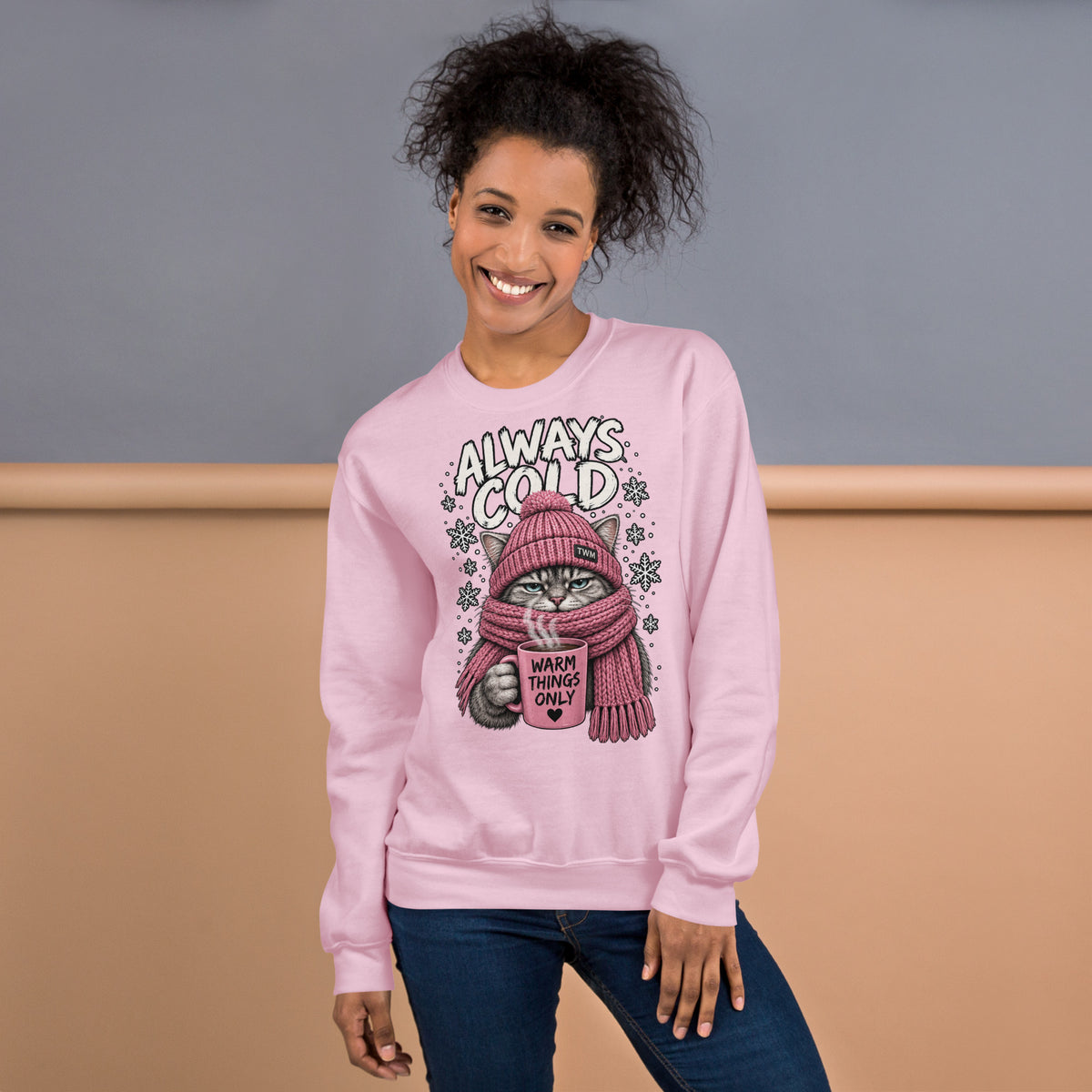 Always Cold cat sweatshirt in Light Pink alternate front view