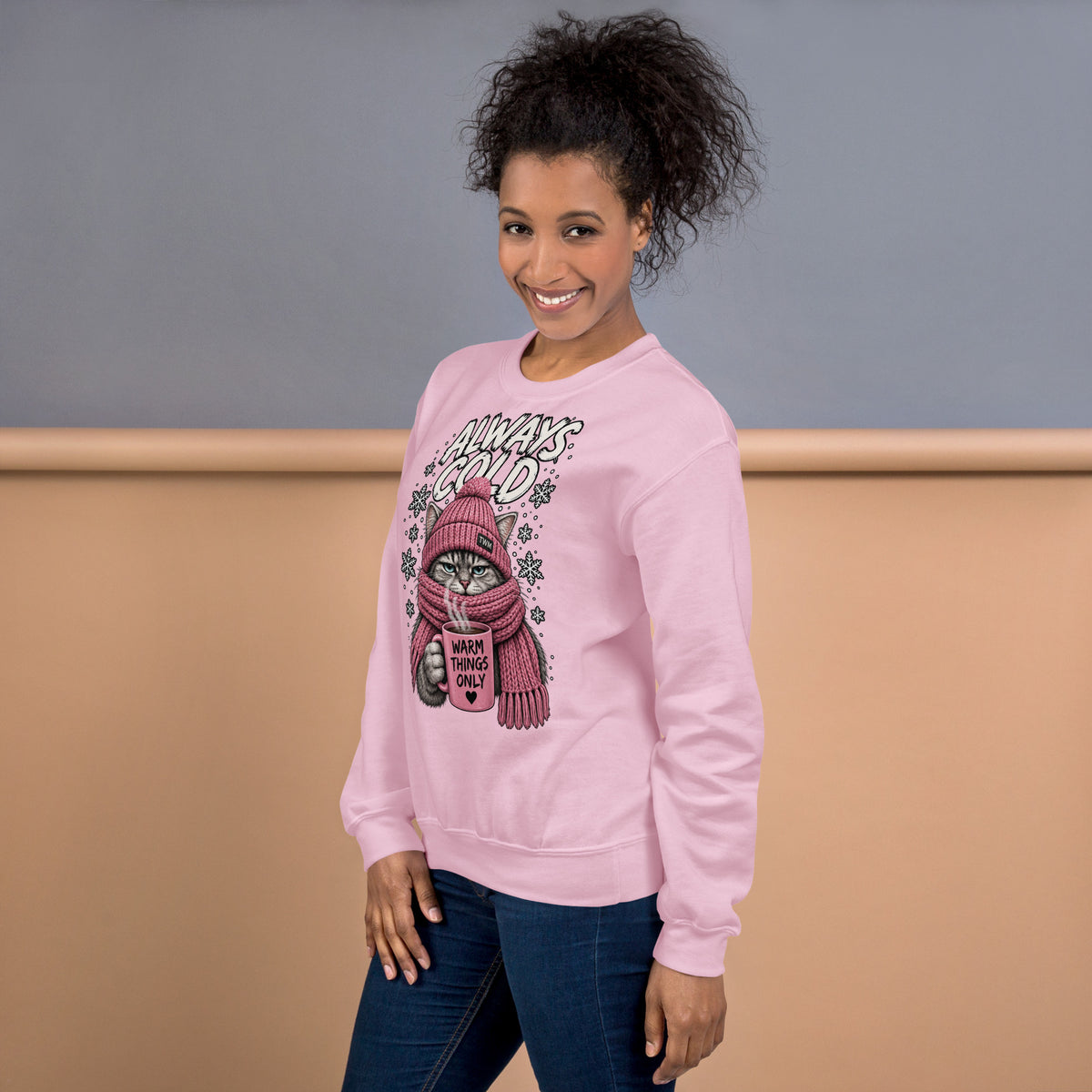 Always Cold cat sweatshirt in Light Pink left view
