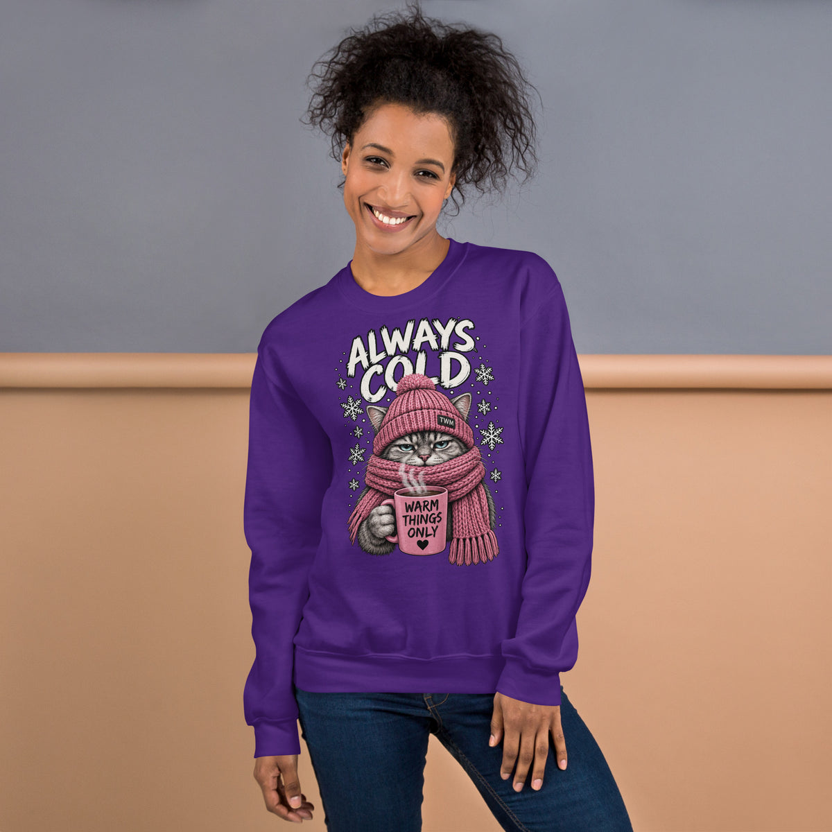 Always Cold cat sweatshirt in Purple alternate front view