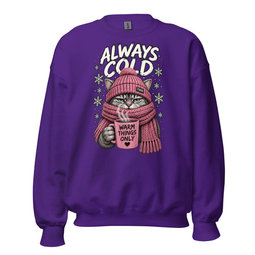 Always Cold cat crewneck sweatshirt in Purple front view