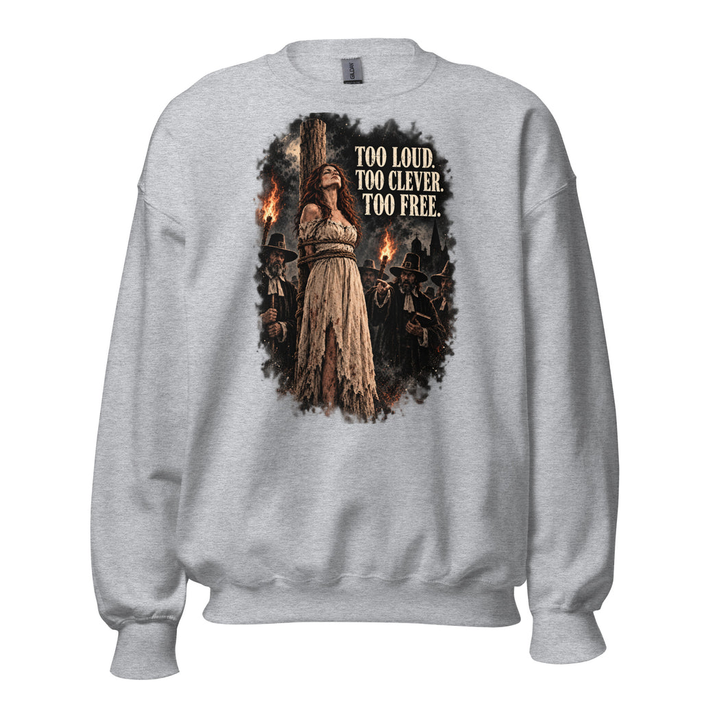 Too Loud - Too Clever - Too Free – Witch & Feminism – Sweatshirt in grey – front view