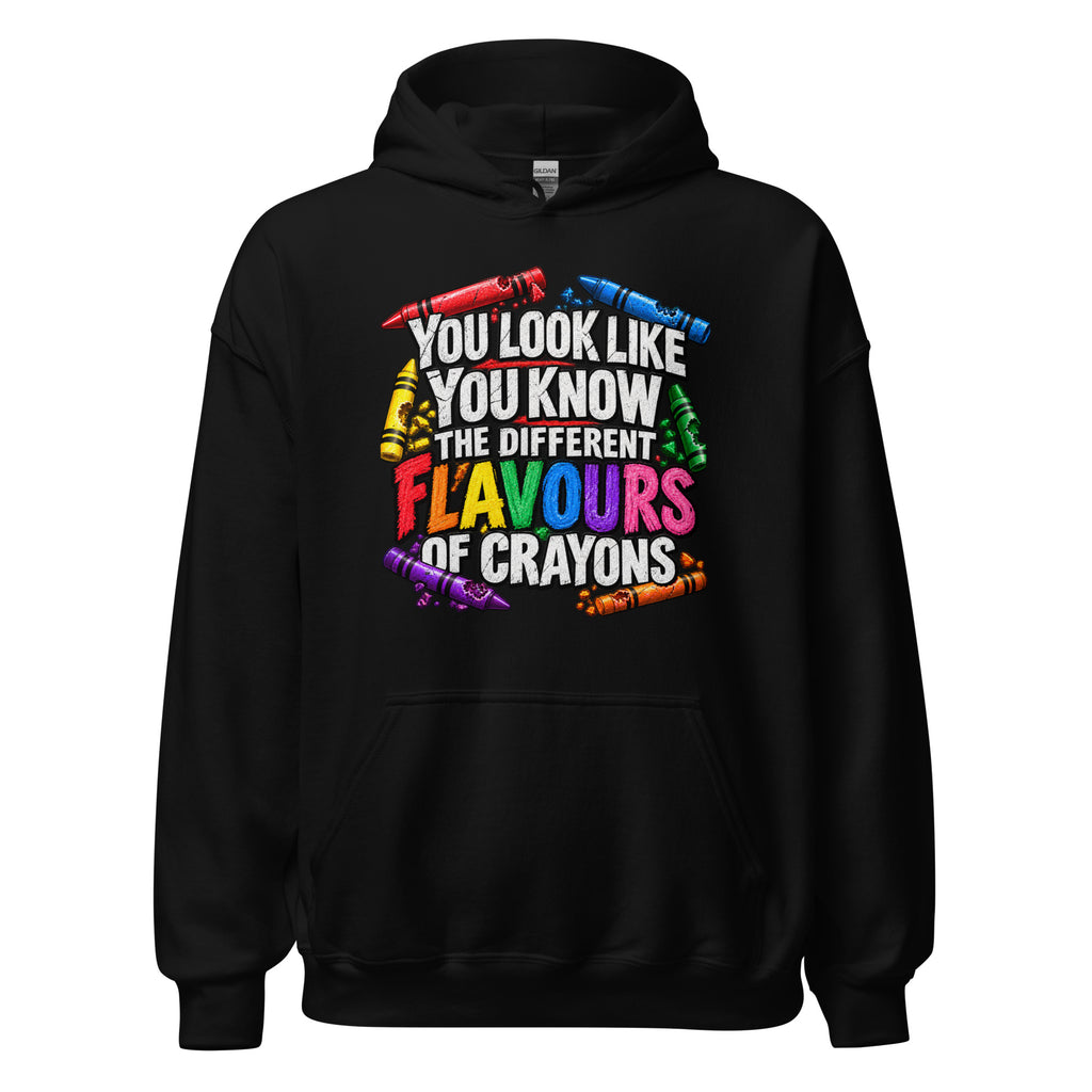black unisex hoodie front mockup featuring the What's Your Flavour design