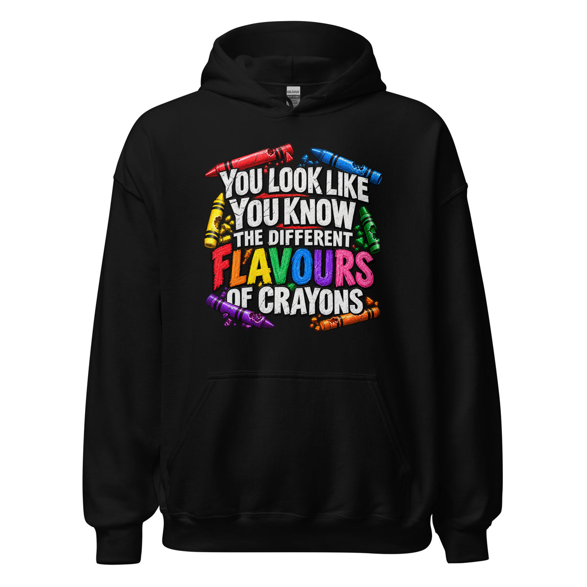black unisex hoodie front mockup featuring the What's Your Flavour design