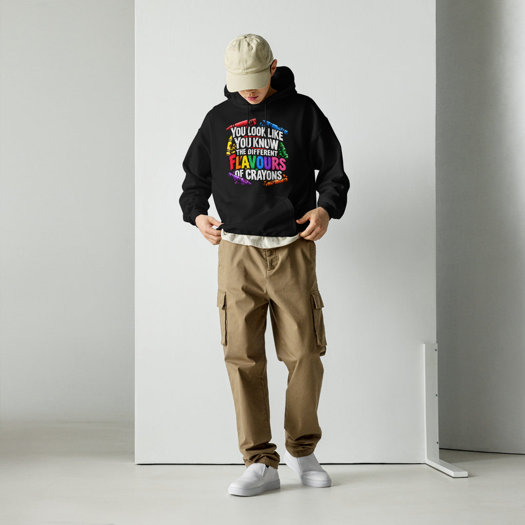 black unisex hoodie front mockup featuring the What's Your Flavour design