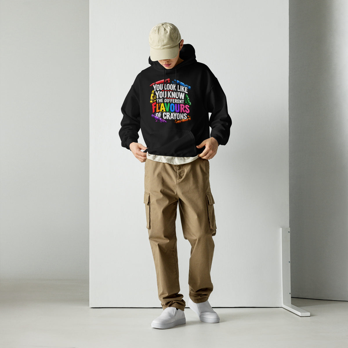 black unisex hoodie front mockup featuring the What's Your Flavour design