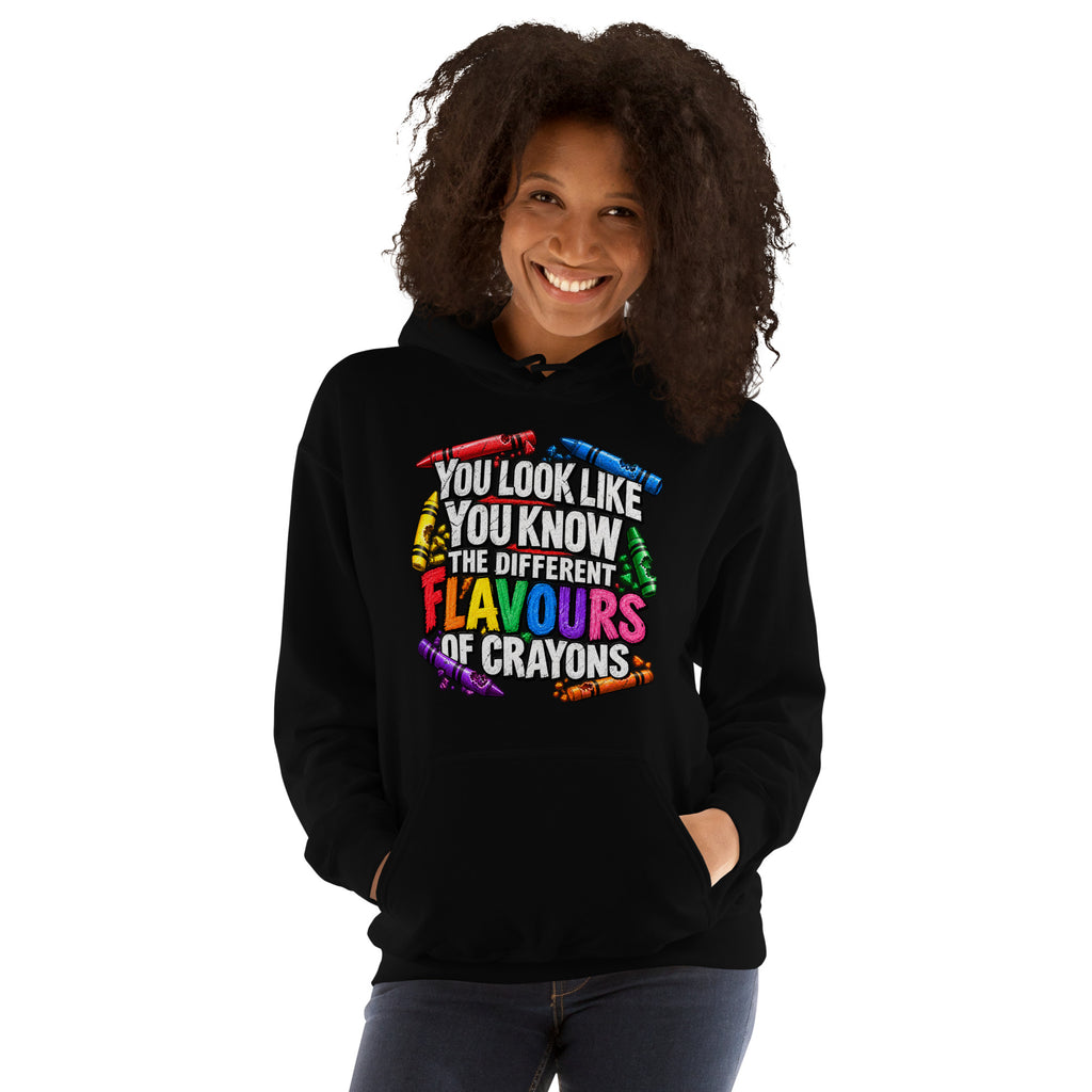 black unisex hoodie front mockup featuring the What's Your Flavour design
