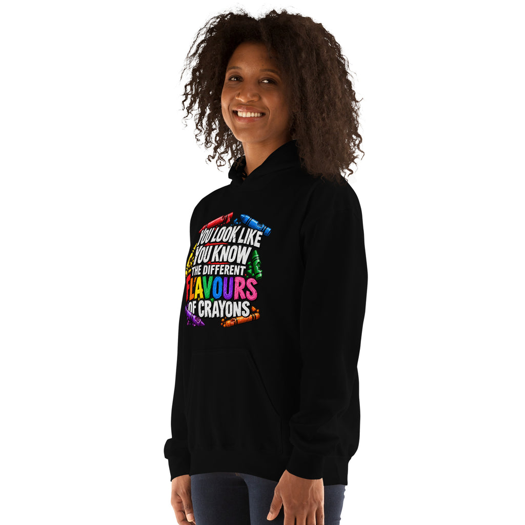 black unisex hoodie left side mockup featuring the What's Your Flavour design