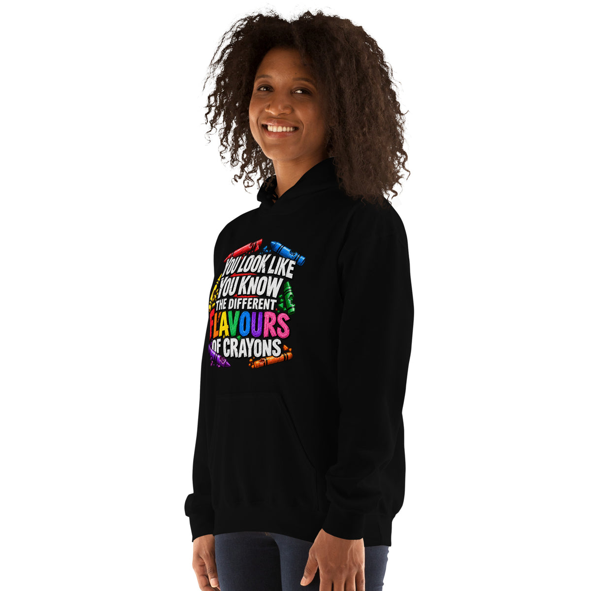 black unisex hoodie left side mockup featuring the What's Your Flavour design
