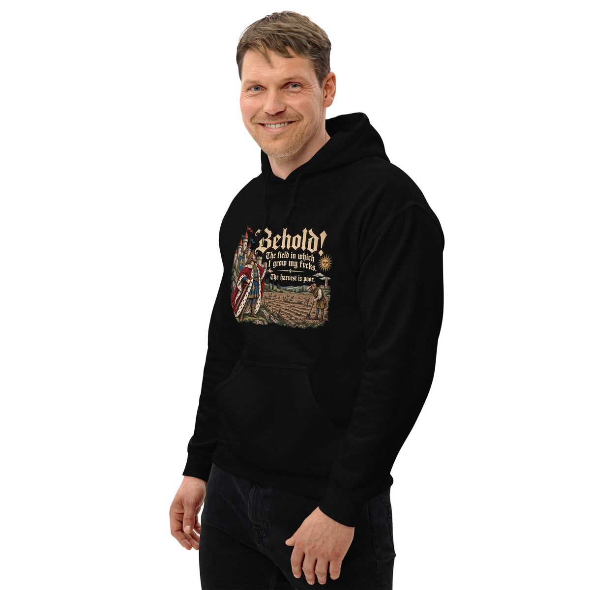 The Harvest Is Poor - Medieval – Historical Humour – Hoodie in black – left-front view