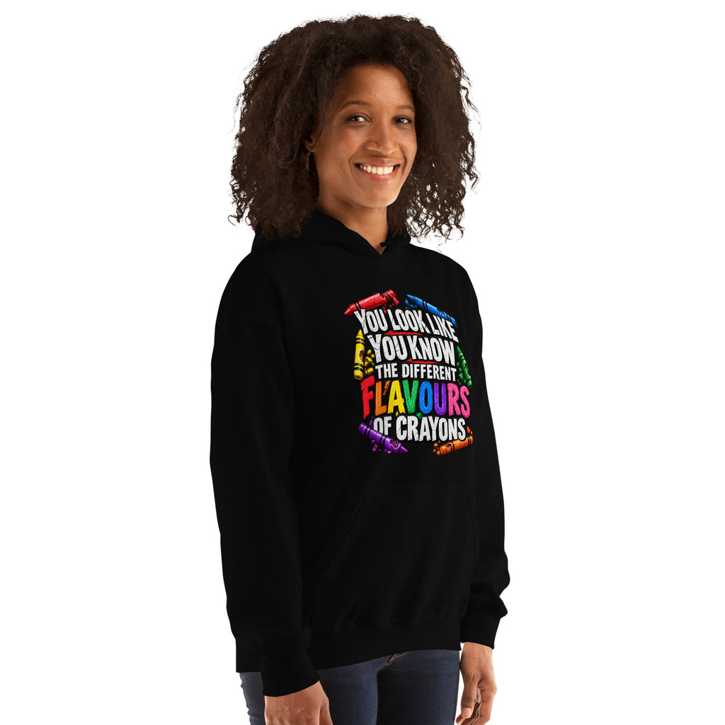 black unisex hoodie right side mockup featuring the What's Your Flavour design