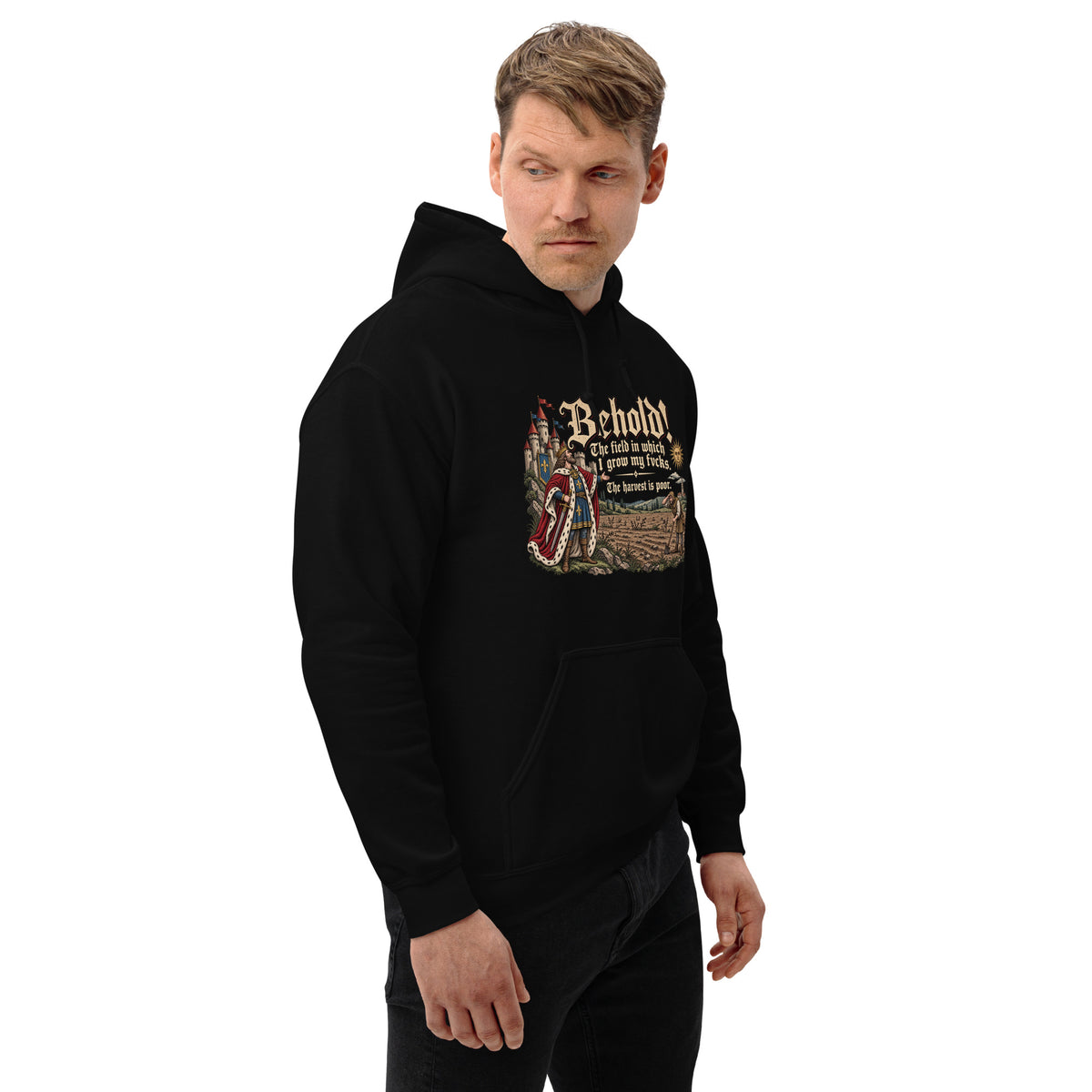 The Harvest Is Poor - Medieval – Historical Humour – Hoodie in black – right-front view