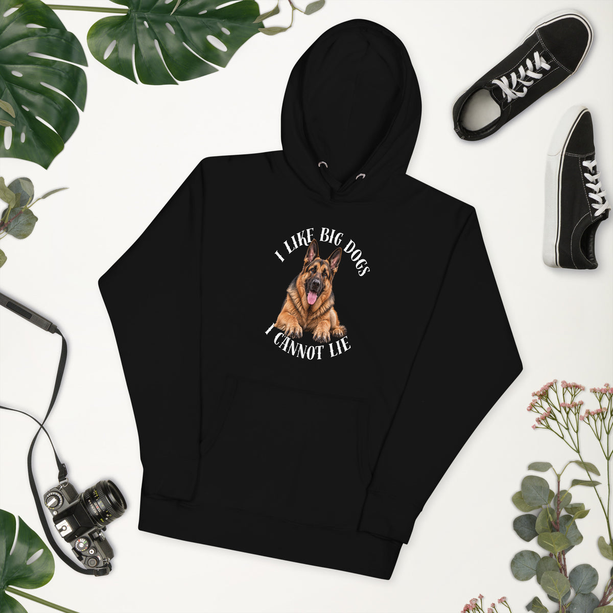Front view of black I Like Big Dogs German Shepherd hoodie